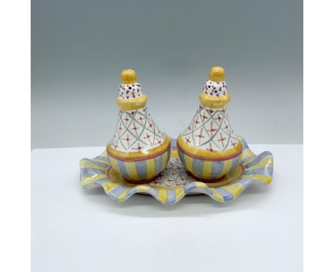 Pretty ceramic set decorated with unique patterns in pastel colors. Victoria and Richard MacKenzie-Childs backstamps. The sal