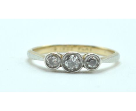 An 18ct gold and diamond three stone ring bezel set with three round cut diamonds with platinum shoulders. Weight 1.7g. Size 