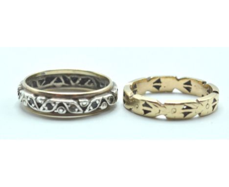 A 9ct gold band ring with engraved detail, together a 9ct gold and silver band ring. Size K &amp; K.5. Tests indicate 9ct. To