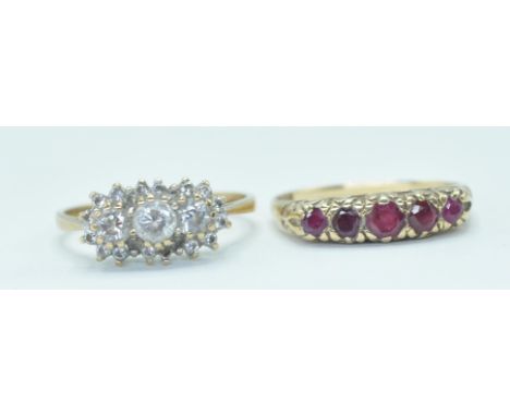 A collection of two stamped 9ct gold rings comprising of five red faceted stones in a row. Bearing hallmarks for Birmingham, 