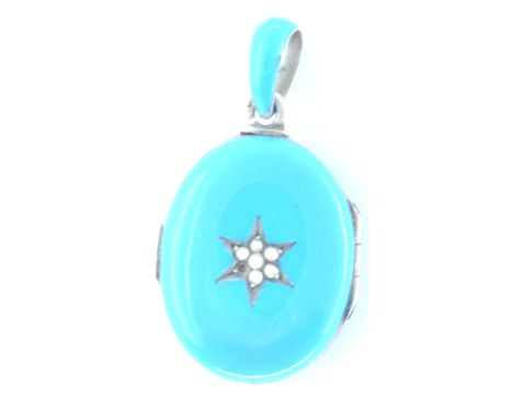 A 19th Century Victorian yellow metal and blue enamelled pendant locket being set with seed pearls in a star setting to the c