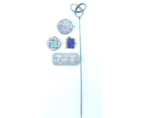 A collection of 20th century silver / white metal brooches to include a white metal and enamel brooch, believed Victorian sil
