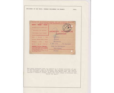 Germany 1946 POW Mail Red Cross POW card sent via Geneva to German POW in Kervegant Camp Morbihan France from Berlin Blue dou
