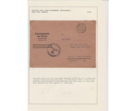 Germany 1939 envelope posted to a company in Berlin Charlottenburg cancelled 22.3.1939 Berlin post free by the Army High Comm