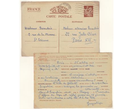 Germany 1940 French Interzonal Correspondence 2 pre paid postcards brown Iris no value used; Pre paid postcard used 28.10.194