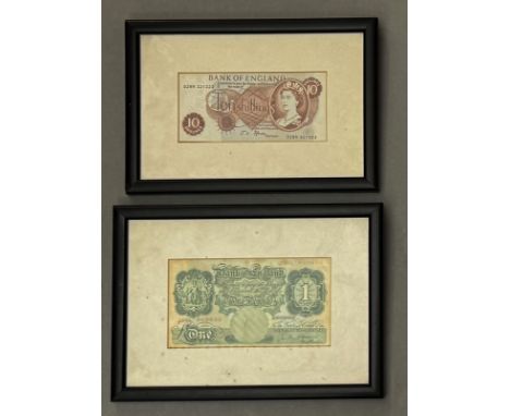 Two framed and glazed Bank of England 1950s-60s banknotes - one an L. K. O'Brien One Pound banknote no. J58L 969056; the othe