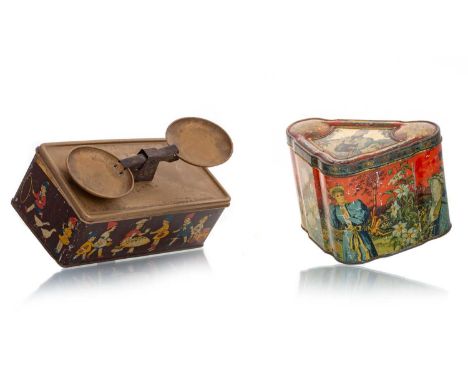 TWO BISCUIT TINS, WILLIAM CRAWFORD & SON LTD AND MACKENZIE AND MACKENZIE  one circa 1925, modelled as a set of scales atop a 