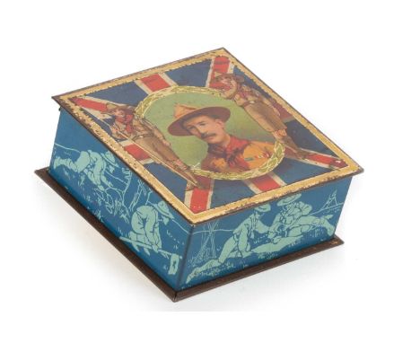 SCOUTS BISCUIT TIN, CARR & CO, CIRCA 1924  modelled in square form, decorated with general Scouting scenes and images of Robe