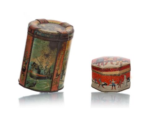 TWO BISCUIT TINS, HUNTLEY & PALMERS AND W&R JACOBS & CO  one circa 1897, of oval cylindrical form, depicting travellers, the 