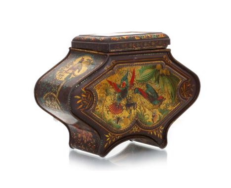 EXOTIC BIRDS BISCUIT TIN, PEEK FREAN & CO, CIRCA 1895  modelled in the form of a caddy or casket, decorated with vibrant exot