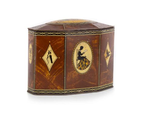 TEA CADDY BISCUIT TIN, W&R JACOBS AND CO, CIRCA 1938  modelled in octagonal form, in faux walnut finish, decorated with silho