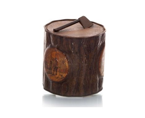 YULE LOG WOOD CHOPPERS BLOCK BISCUIT TIN, MACFARLANE, LANG AND CO, CIRCA 1910  modelled in the form of a log, of upright cyli