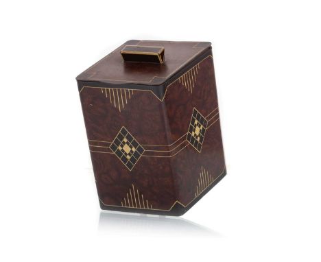 TEA CADDY BISCUIT TIN, WILLIAM CRAWFORD AND SON LTD, CIRCA 1937  modelled in square form, in simulated wood finish in the Art