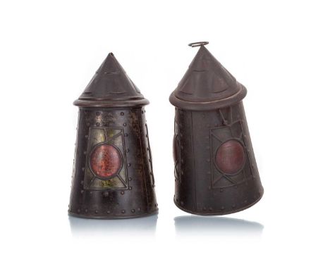 TWO BISCUIT TINS, HUNTLEY & PALMERS, CIRCA 1911  each modelled as a lantern in an Arts & Crafts style, with hinged lid.Proven