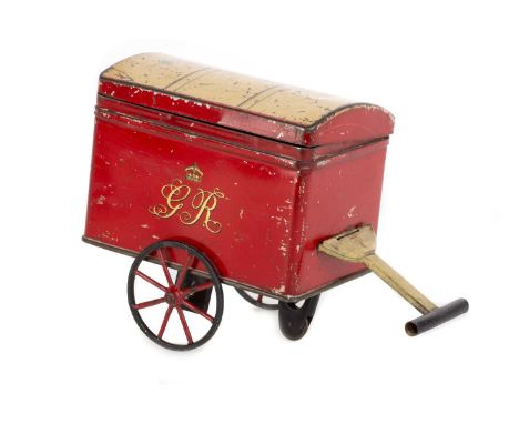 POST CART BISCUIT TIN, R MIDDLEMAS AND SONS LTD, CIRCA 1920  modelled in the form of a red pull-along British postal cart, us