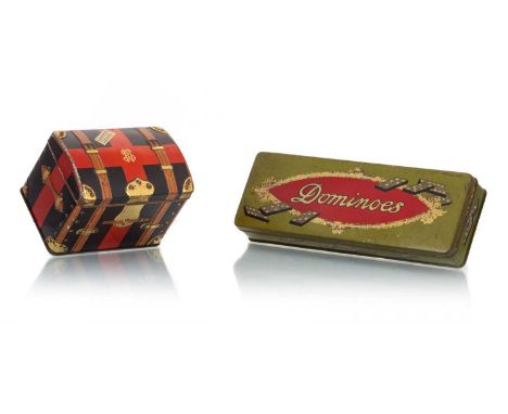 TWO BISCUIT TINS, CO-OPERATIVE SOCIETY AND PEEK FREAN AND CO  one modelled in the form of a red, black and gold travel trunk.