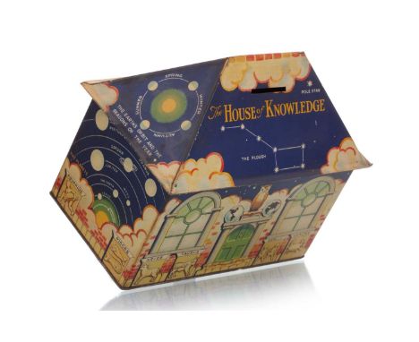 HOUSE OF KNOWLEDGE BISCUIT TIN, WILLIAM CRAWFORD AND SON LTD, CIRCA 1939  modelled as a cottage, with decoration including ar