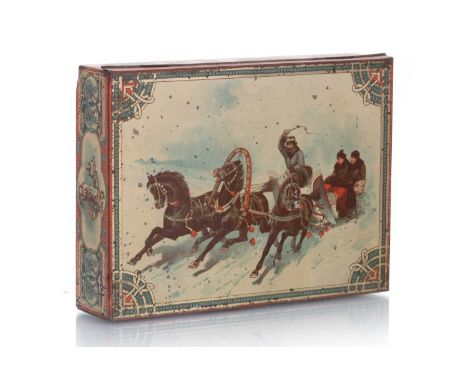 SLEDGE BISCUIT TIN, HUNTLEY & PALMERS, CIRCA 1898  modelled in the form of a sledge, decorated with Russian winter scenes, wi