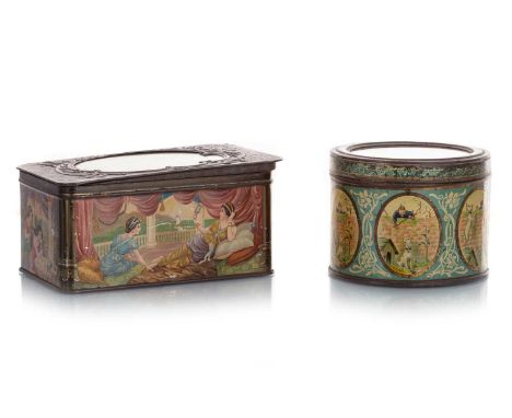 TWO BISCUIT TINS,  one circa 1904, modelled in cylindrical form, decorated with scenes of a small boy playing with a dog, the