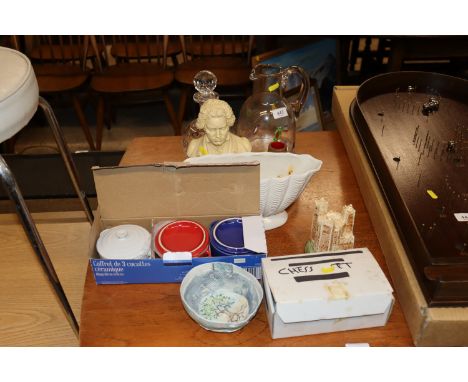 A Leonardo millefiori jug; a decanter and stopper; part chess set; Orford Castle model etc