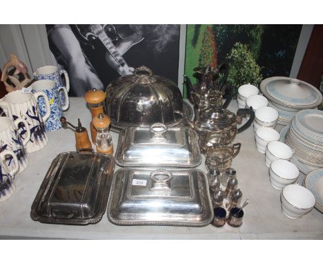A quantity of various silver platedware to include tea service, entreé dishes, food cover, salt and pepper pots etc.