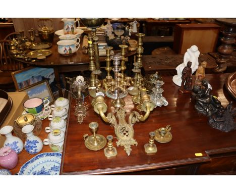 A quantity of various brass ware to include candle sticks; chamber pot and chamber stick and two branch wall lights