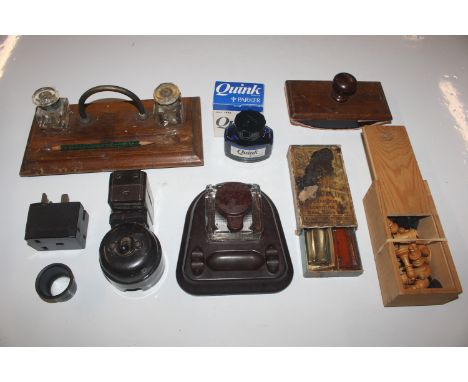 A box containing a desk stand, a blotter, a chess set etc.