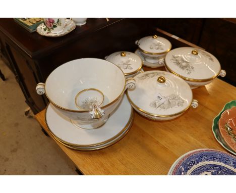 A Spode "Chatham" pattern soup tureen on stand with ladle; a pair of matching vegetable tureens and two sauce tureens and ser