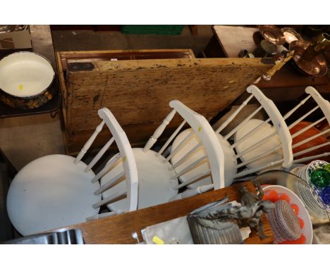 A set of four white painted stick back chairs together with a bentwood chair