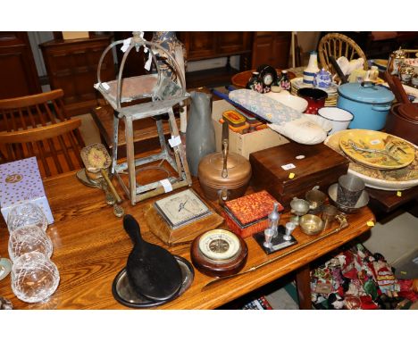A pewter jug; wash dolly; oak cased barometer; mother of pearl inlaid trinket box; various tobacco tins etc