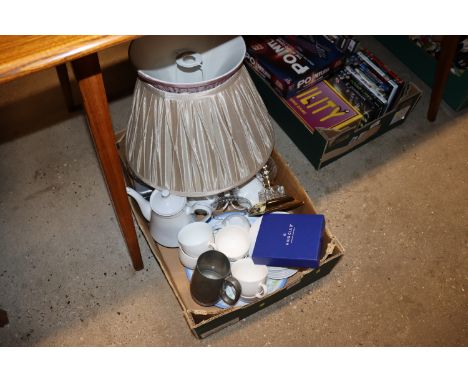 A box containing white glazed teaware; Haig Club hip flask; pewter tankard; cut glass table lamps; ash trays; candle sticks; 