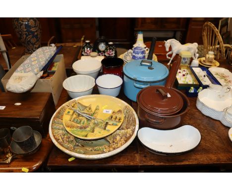 Two wall plaques; jelly moulds; Judge ware enamel saucepans; stoneware hot water bottle; enamel jug and bowl etc