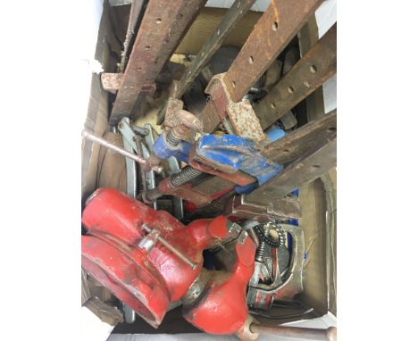 A box contains a collection of household tools, furntiure clamps, wood working tools, vices and tools (4)