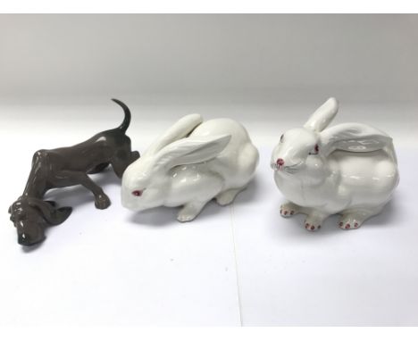 A lladro figure of a bloodhound, a Beswick horse plus one other and a pair of rabbits, West Highland Terrier ceramic figures.