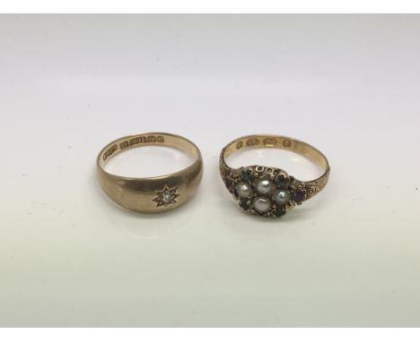 A 15ct gold gypsy ring, approx size O and an 18ct gold ring set with seed pearls and coloured stones, approx size N, approx t