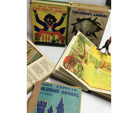 A collection of vintage Daily Express Children’s annuals with pop ups and Three Victorian leather bound volumes, History of E