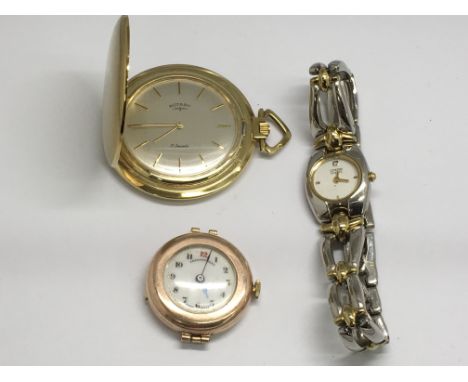 A rose gold lady's watch face, a Rotary pocket watch and a Citizen wristwatch