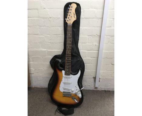 A Johnny Brook Stratocaster shape electric guitar with soft carry case plus a Fender Frontman amp (2).