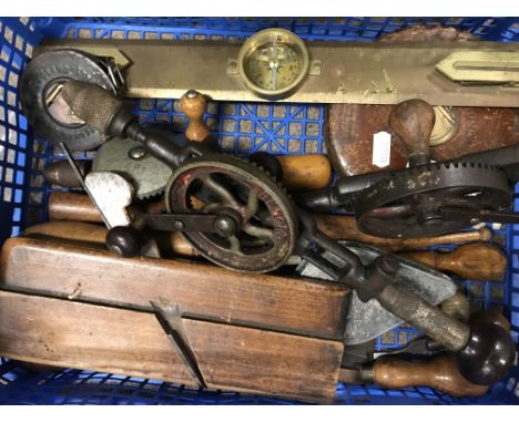 Two vintage drills and various vintage tools.