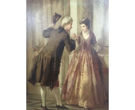 A pair of prints on canvas depicting figures in period clothing courting, one signed.