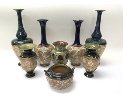 Two pairs of Royal Doulton slater vases and other Doulton pieces.