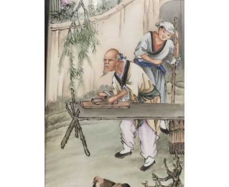 A framed Chinese porcelain plaque depicting figures at work 25 cm by 90 cm condition no damage or restoration