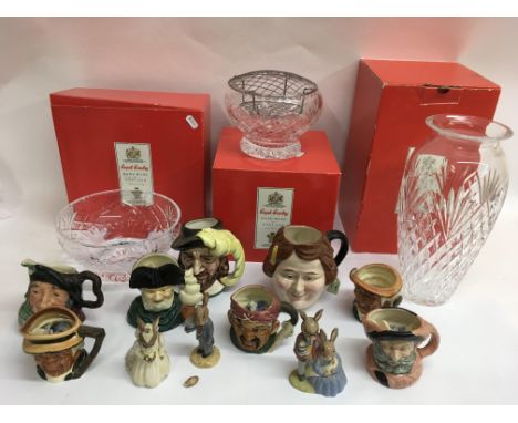 Two boxed Royal Brierley glass bowls and a vase plus toy jugs including Doulton