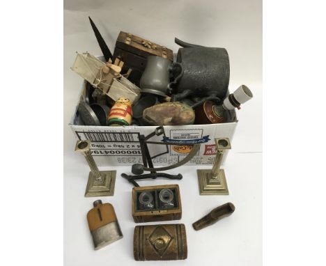 A box of mixed odds including hip flask and snuff shoe