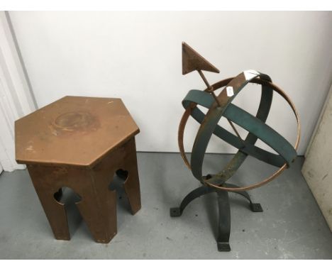 A copper Arts and Crafts stool and metal weathervane