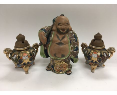 A pair of Oriental ceramic pot pourris and an Orental figure, approx height 22cm.