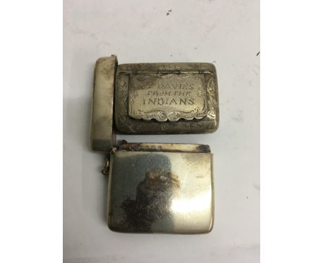 A silver snuff box inscribed c Davies from the Indians and a Vesta case