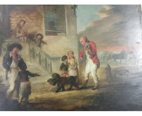 A unframed oil on panel the blind fiddler in the manor of J H Ramberg 55 cm by 45 cm