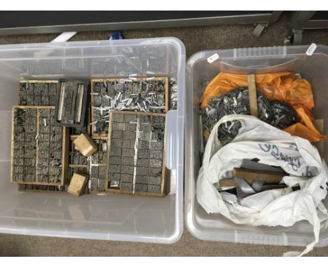 A large collection of vintage metal numbers and letters, stamps, printing blocks and letter press tools for repair.
