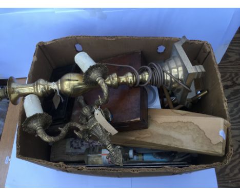 A collection of miscellaneous items to include a table lamp, a wall sconce with two candle slots and more.